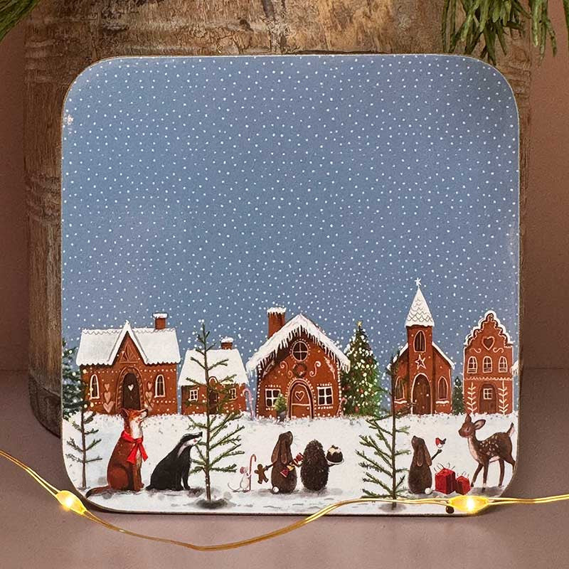 Alex Clark Gingerbread Village festive drink coaster showing Christmas artwork with cork backing
