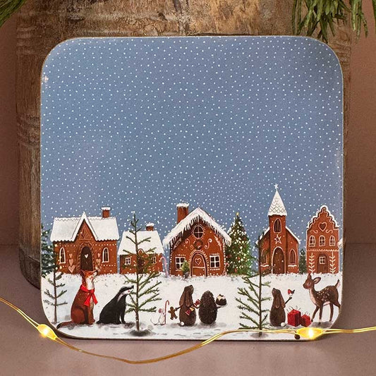 Alex Clark Gingerbread Village festive drink coaster showing Christmas artwork with cork backing