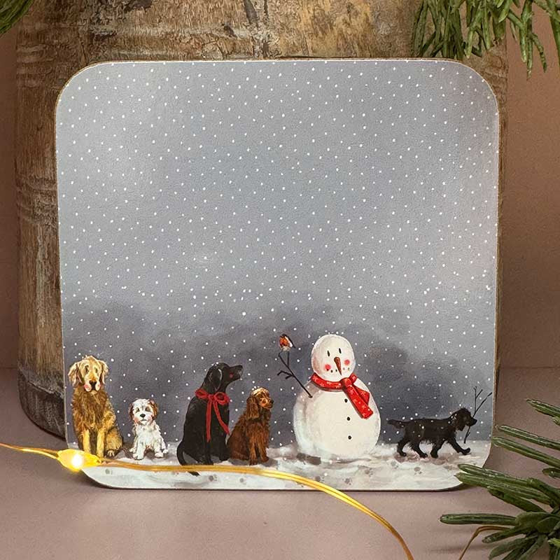 Alex Clark Dogs & Snowman festive drink coaster displaying dog artwork and cork backing