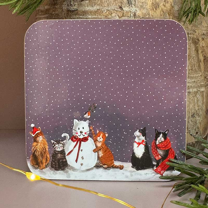 Alex Clark Cats & Snowman coaster with festive cat illustration and cork backing