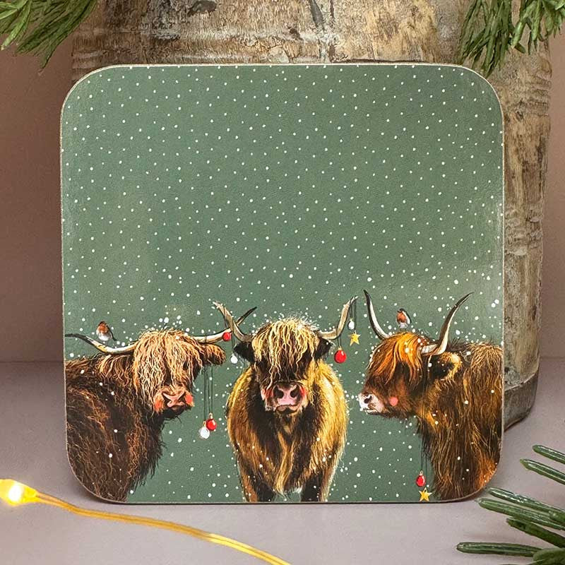Alex Clark Highland Cows coaster with cork backing and countryside illustration