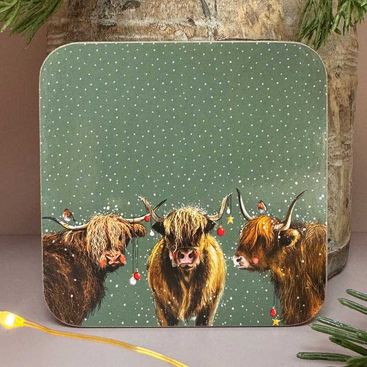 Alex Clark Highland Cows coaster with cork backing and countryside illustration