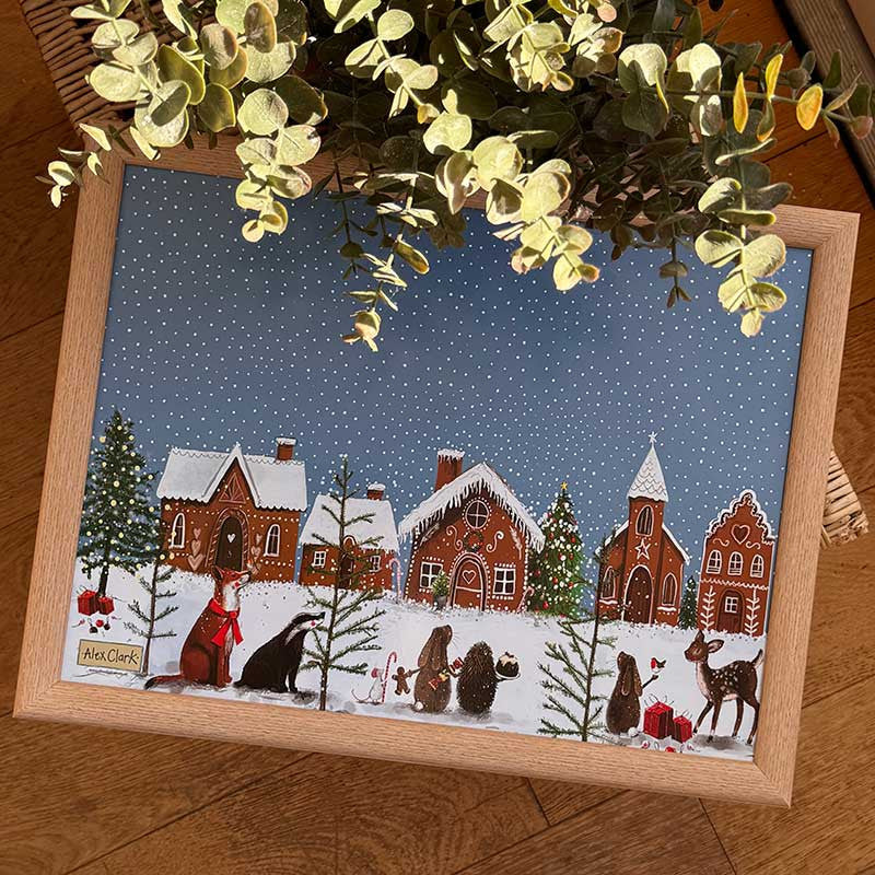 Alex Clark Gingerbread Village Christmas lap tray with cushioned base and festive gingerbread house illustrations