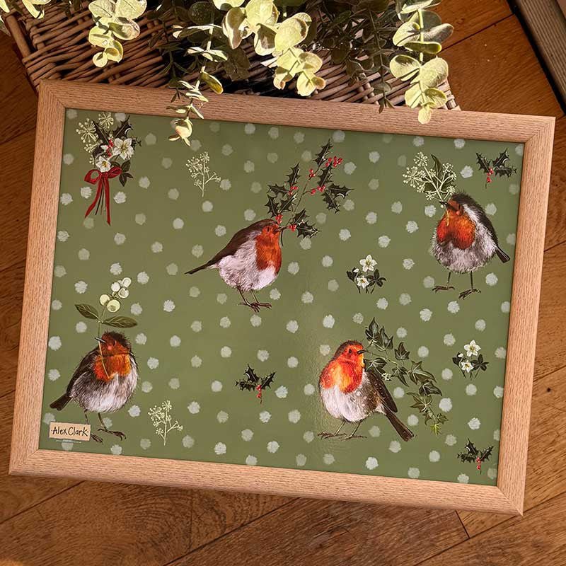 Alex Clark Robin & Holly Christmas lap tray with cushioned base and festive robin illustrations