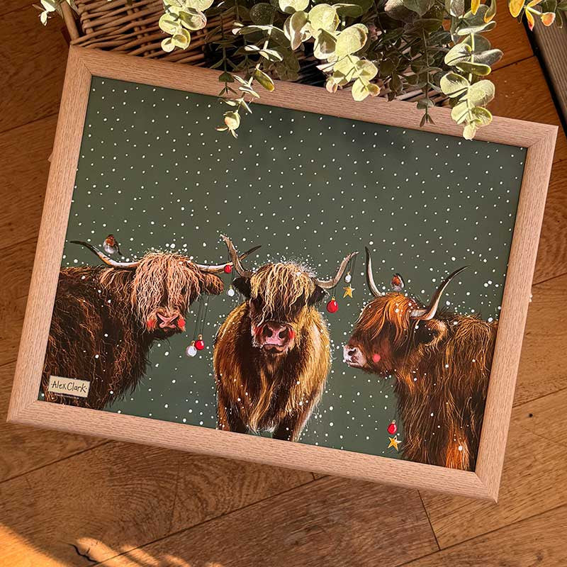 Alex Clark Highland Cows Christmas Lap Tray with cushioned bean bag base and wood effect frame.