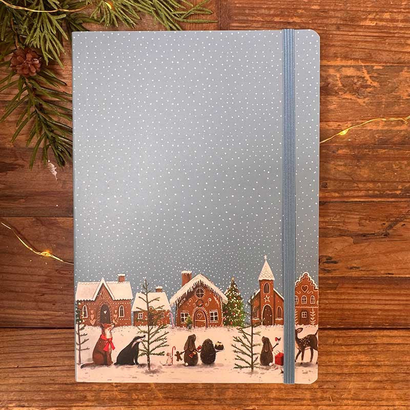 Alex Clark Large Gingerbread Village Christmas hardback notebook featuring festive gingerbread house illustrations