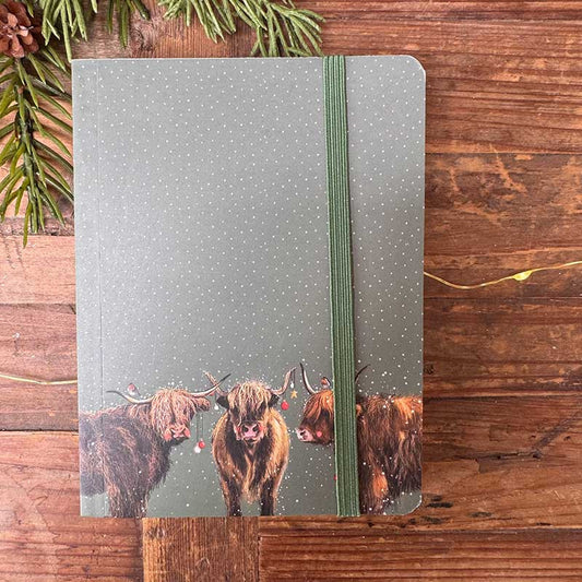 Alex Clark Highland Cows small chunky Christmas notebook showing festive countryside cattle illustration