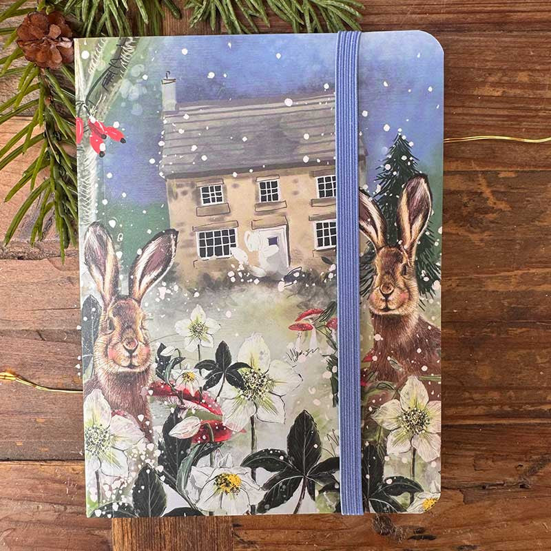 Alex Clark Christmas Hares small chunky notebook showing festive wildlife countryside illustration