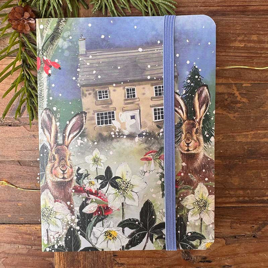 Alex Clark Christmas Hares small chunky notebook showing festive wildlife countryside illustration