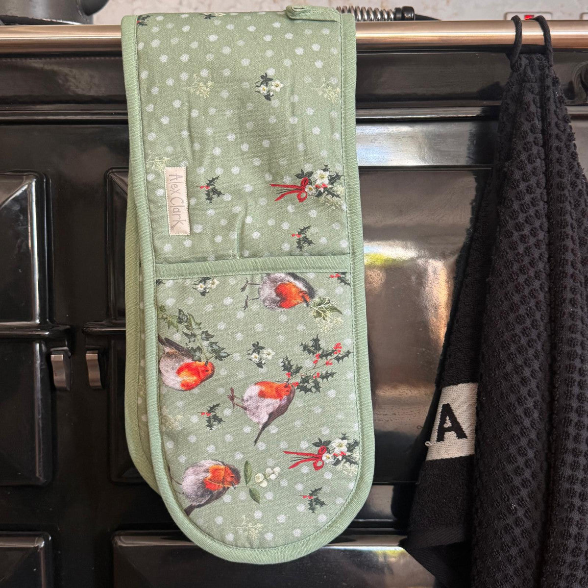 Alex Clark Robins & Holly Christmas double oven gloves featuring festive robin and holly branch artwork