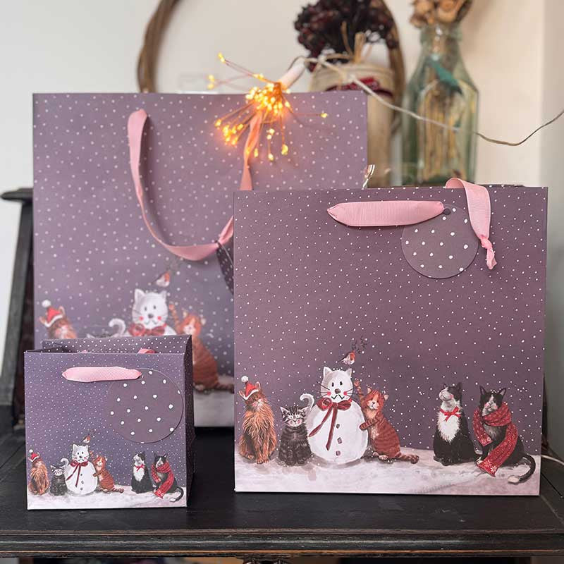 Alex Clark Cats and Snowman Christmas gift bag featuring festive cat artwork and soft ribbon handles