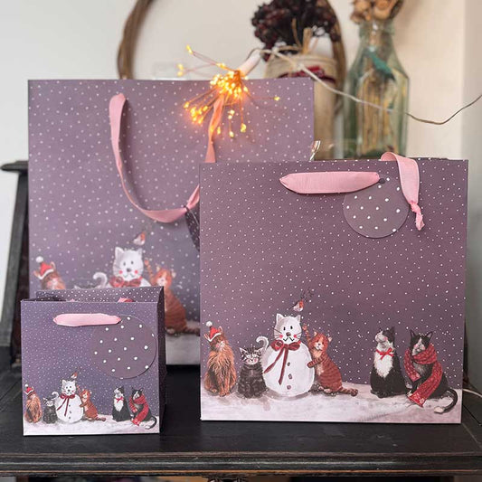 Alex Clark Cats and Snowman Christmas gift bag featuring festive cat artwork and soft ribbon handles