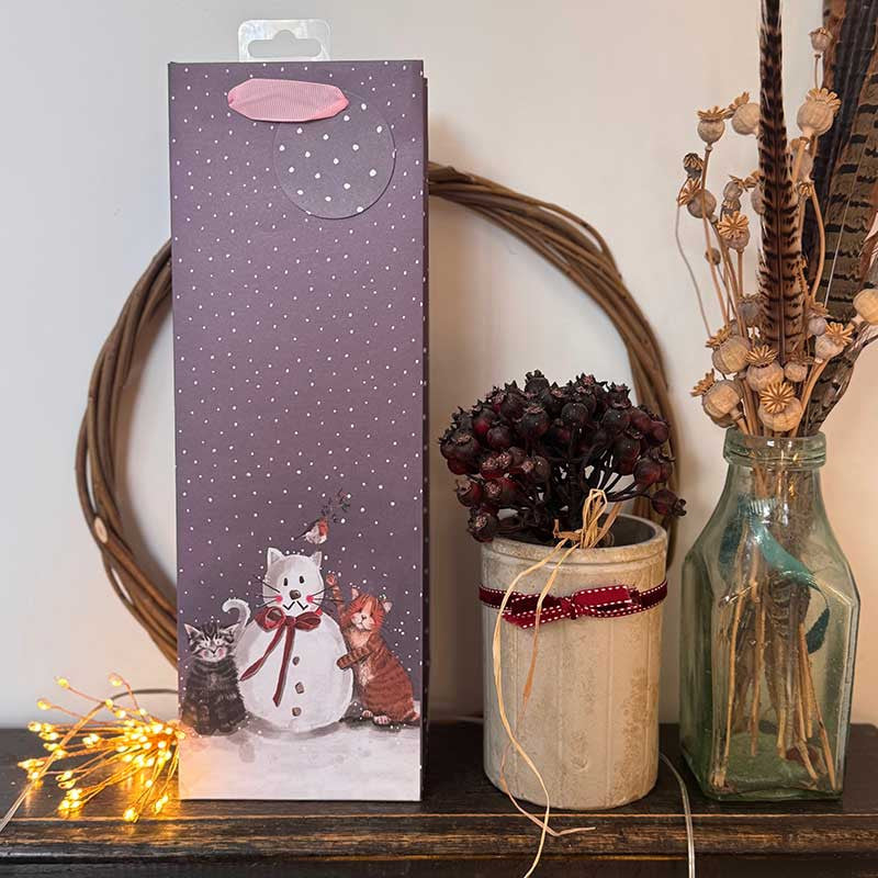 Alex Clark Cats and Snowman wine bottle gift bag featuring festive cat artwork and soft ribbon handles