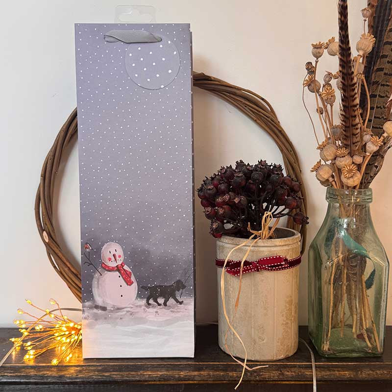 Alex Clark Dogs and Snowman wine bottle gift bag featuring festive dog artwork and soft ribbon handles
