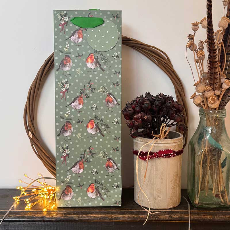 Alex Clark Robins and Holly wine bottle gift bag featuring festive robin artwork and soft ribbon handles