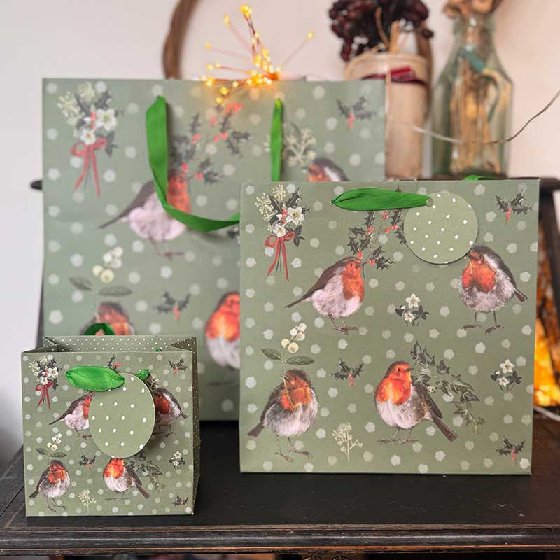 Alex Clark Robins and Holly Christmas gift bag featuring festive robin artwork and soft ribbon handles