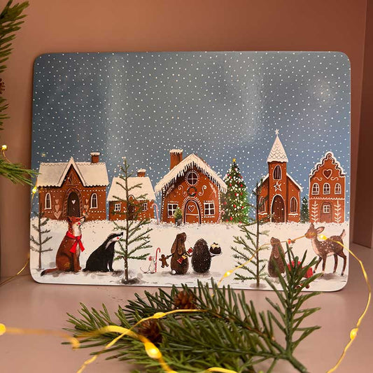 Alex Clark Gingerbread Village cork backed placemat with festive Christmas village artwork