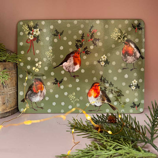 Alex Clark Robins and Holly cork backed placemat with festive Christmas robin illustration
