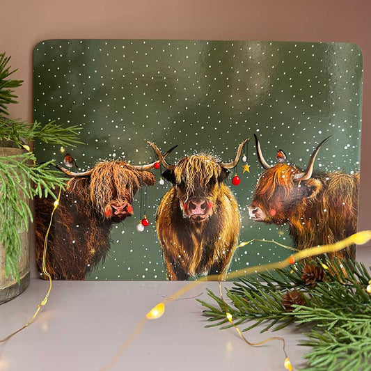 Alex Clark Highland Cows cork backed placemat with rustic cattle countryside illustration