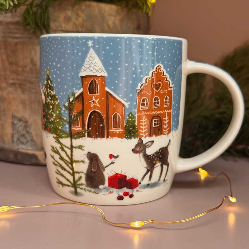 Alex Clark Gingerbread Village fine china mug featuring festive Christmas illustrations