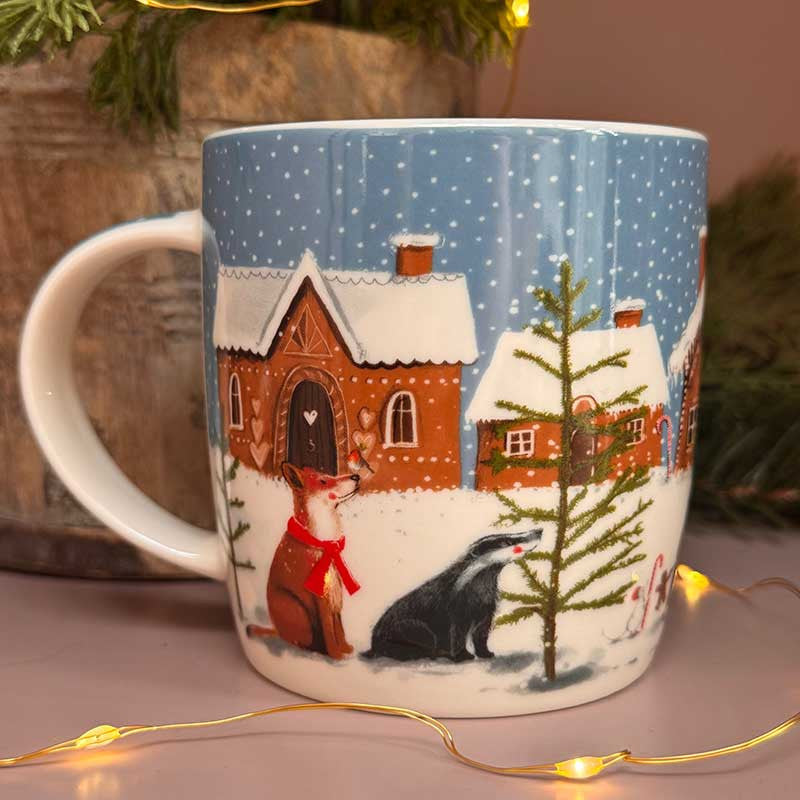 Alex Clark Gingerbread Village fine china mug featuring festive Christmas illustrations