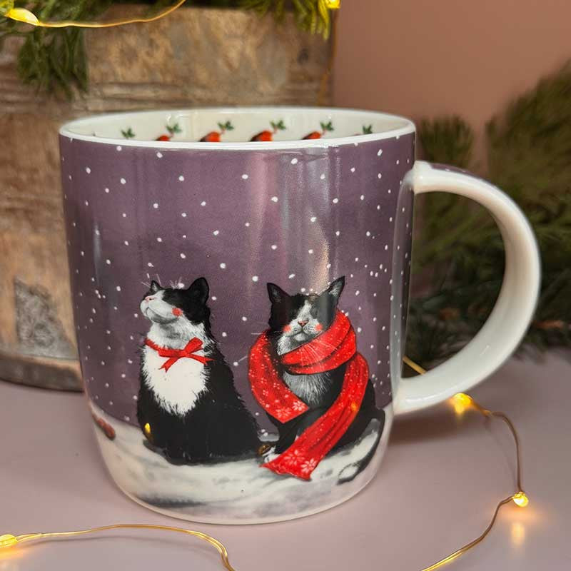 Alex Clark Cat & Snowman fine china mug with festive holiday illustration