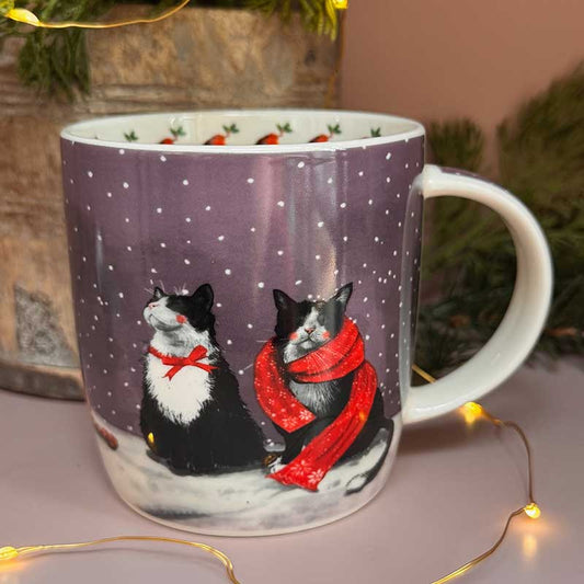 Alex Clark Cat & Snowman fine china mug with festive holiday illustration