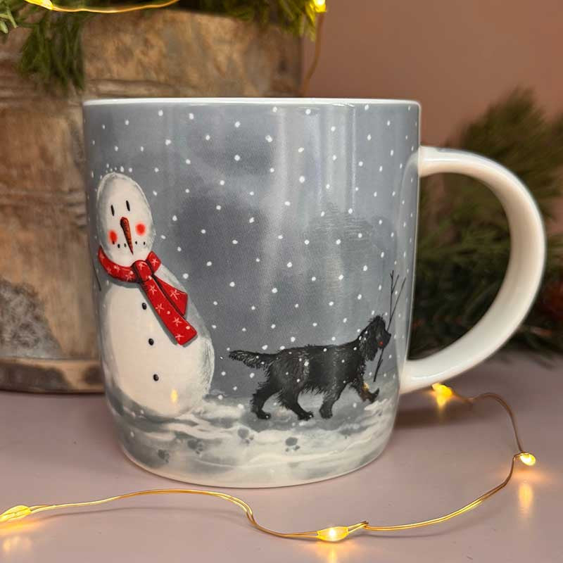 Alex Clark Dogs & Snowman fine china Christmas mug with festive dog illustrations