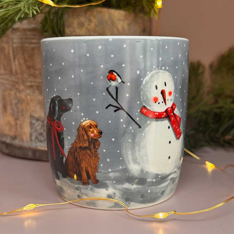 Alex Clark Dogs & Snowman fine china Christmas mug with festive dog illustrations