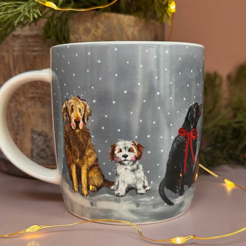 Alex Clark Dogs & Snowman fine china Christmas mug with festive dog illustrations