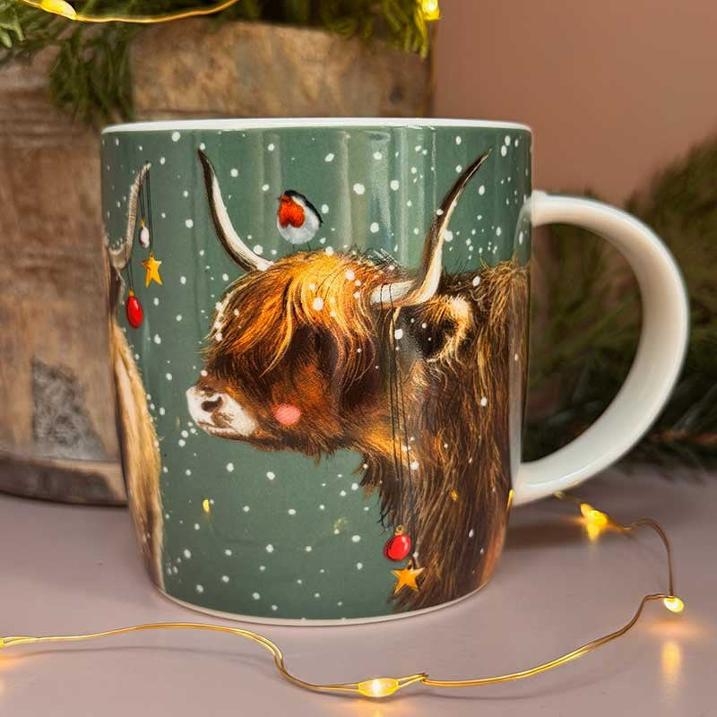 Alex Clark Highland Cows fine china Christmas mug with festive cow illustrations
