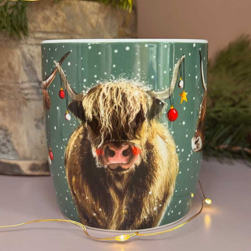 Alex Clark Highland Cows fine china Christmas mug with festive cow illustrations
