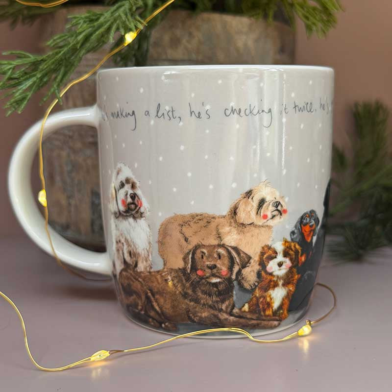 Alex Clark Naughty Or Nice fine china Christmas mug with festive animal illustrations