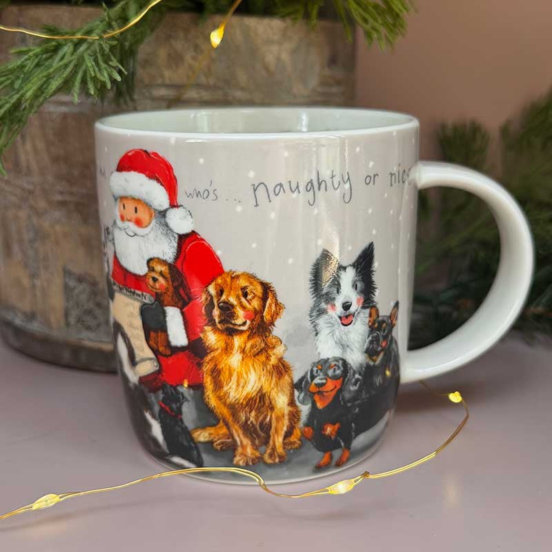 Alex Clark Naughty Or Nice fine china Christmas mug with festive animal illustrations