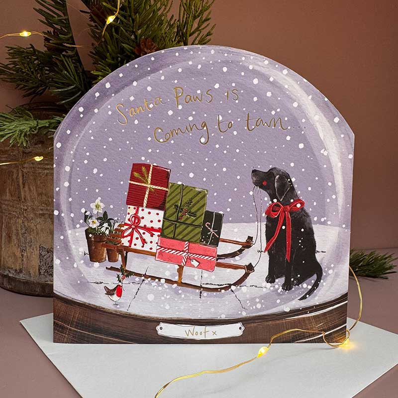 Alex Clark Santa Paws Snow Globe greeting card depicting festive dogs with a snowy globe and a white envelope.
