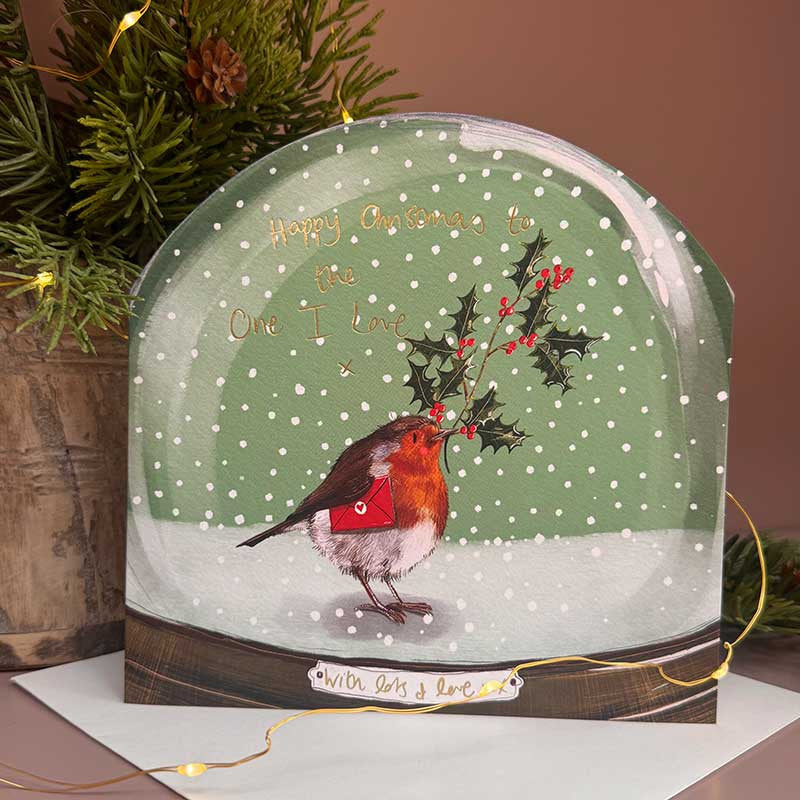 Alex Clark To The One I Love Snow Globe greeting card with romantic winter illustration and envelope.