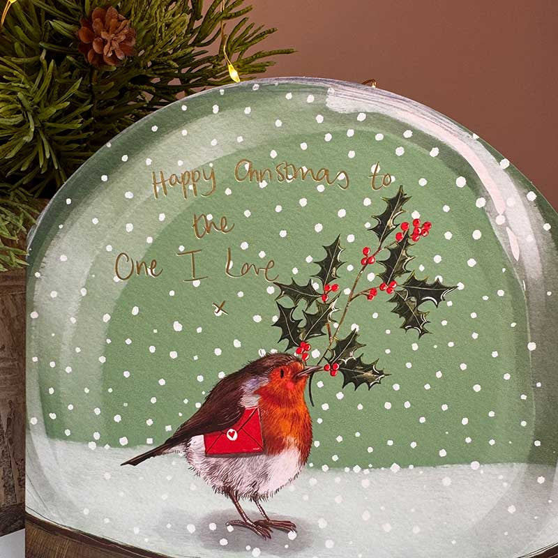 Alex Clark To The One I Love Snow Globe greeting card with romantic winter illustration and envelope.
