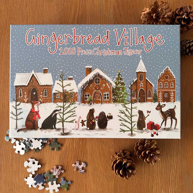 Alex Clark Gingerbread Village Christmas 1000 piece jigsaw puzzle box and assembled artwork