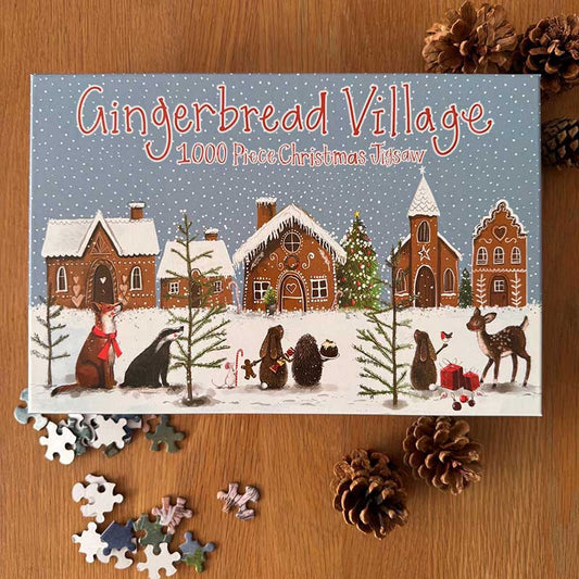 Alex Clark Gingerbread Village Christmas 1000 piece jigsaw puzzle box and assembled artwork