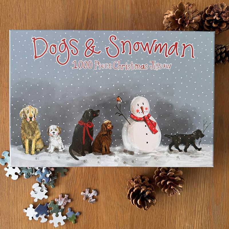 Alex Clark Dogs & Snowman Christmas 1000 piece jigsaw puzzle box and assembled artwork