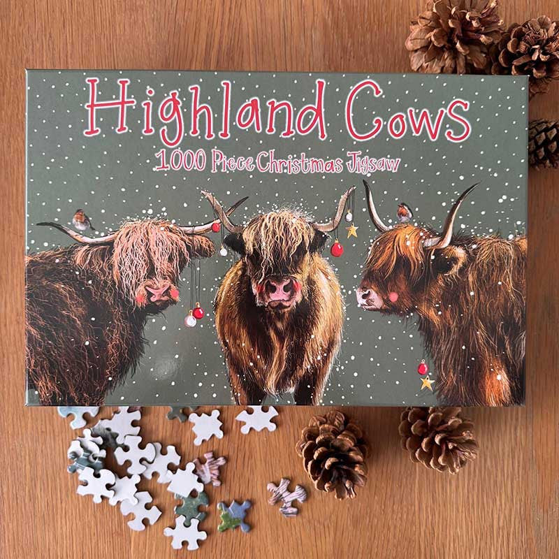 Alex Clark Highland Cows Christmas 1000 piece jigsaw puzzle box and assembled artwork