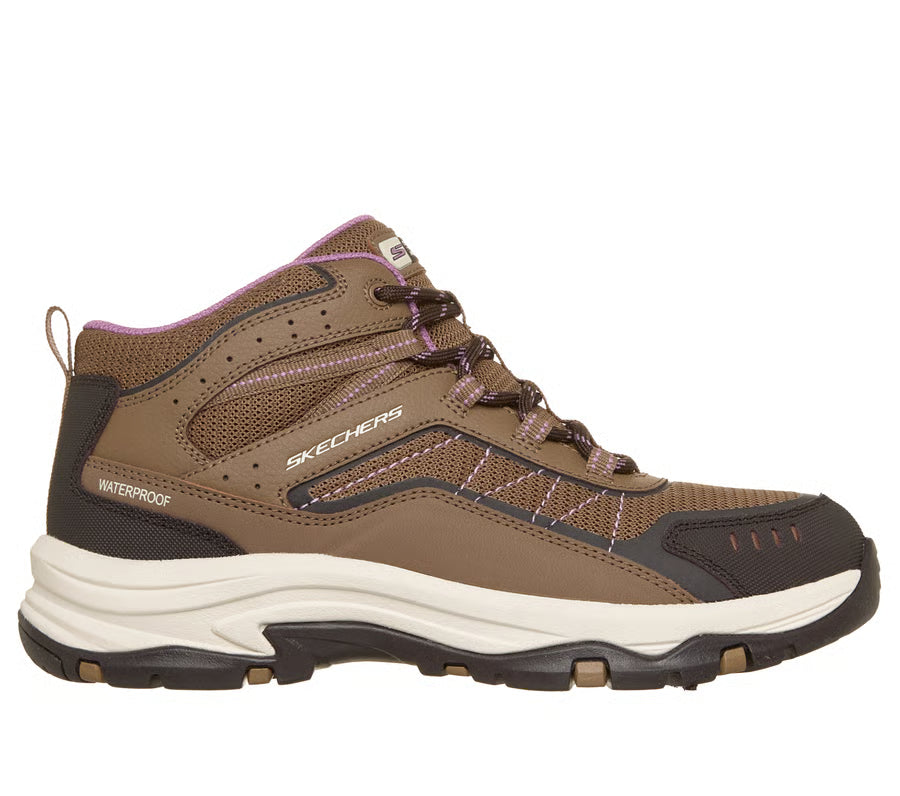 Side view of the Skechers Women's Waterproof Relaxed Fit Trego Ashaway hiking boots with lace-up front.