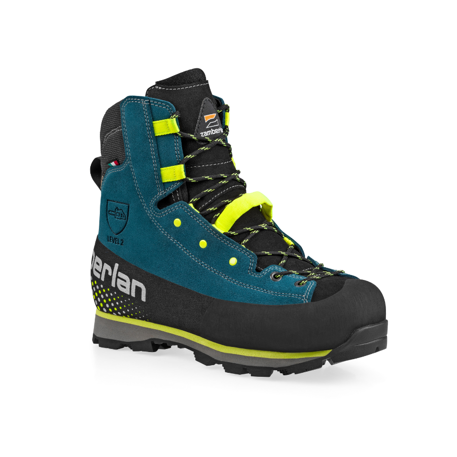 Zamberlan Treelogy 2.0 GTX RR professional arborist boots, featuring the patented Pull Up rope ascent webbing loop and Vibram sole.