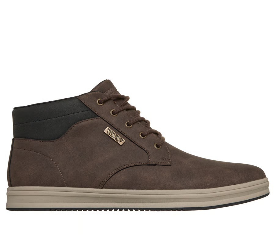 Side view of Skechers Men's Waterproof Palmiro Wallace lace-up shoes in synthetic upper material.