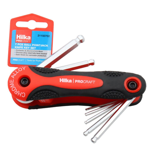 Hilka 7 piece metric ball point hex key set organised on a metal key ring holder