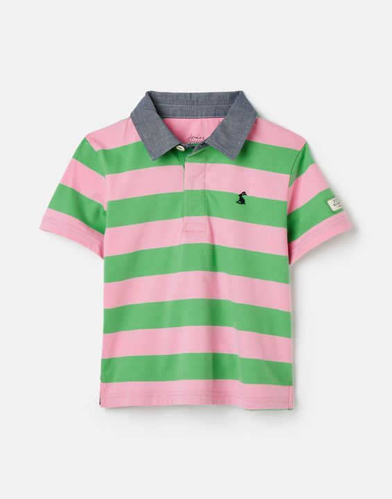 Joules Boys Ozzy Stripe Jersey Polo Shirt - Green Pink Stripe