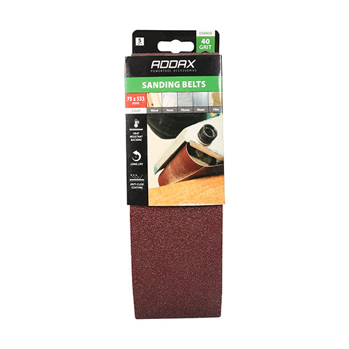 Addax Sanding Belts - 40 Grit - Red 75x533mm - 5PK