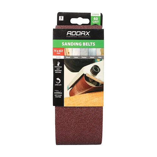Addax Sanding Belts - 40 Grit - Red 75x457mm 5PK