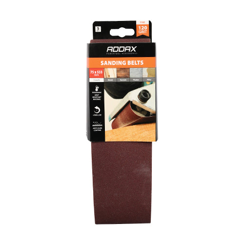 Addax Sanding Belts - 120 Grit - Red 75x533mm - 5PK