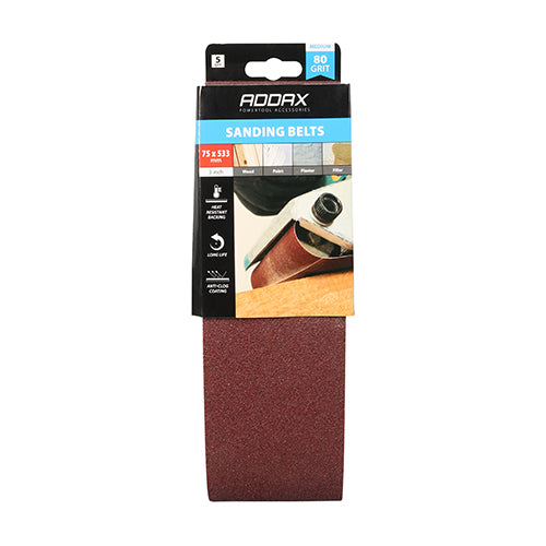 Addax Sanding Belts - 80 Grit - Red 75x533mm - 5PK